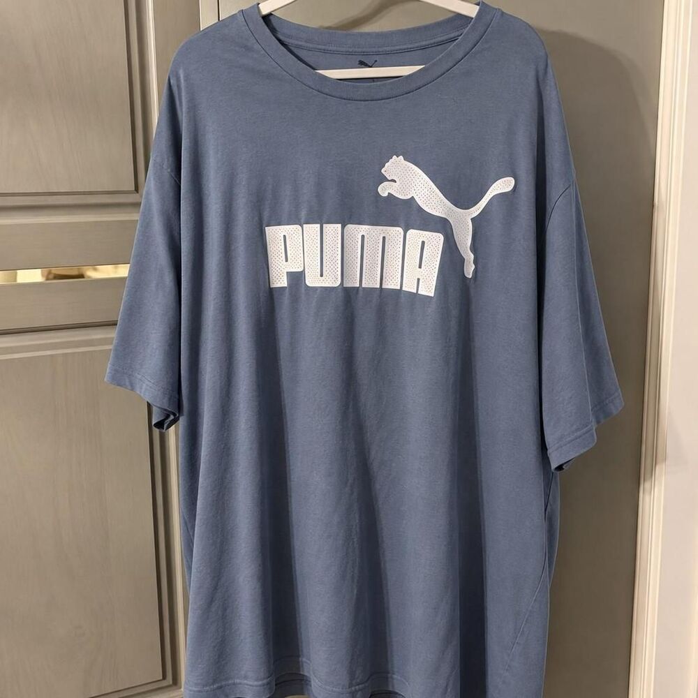 PUMA men’s 4XL oversized logo T-shirt in a muted slate blue-gray